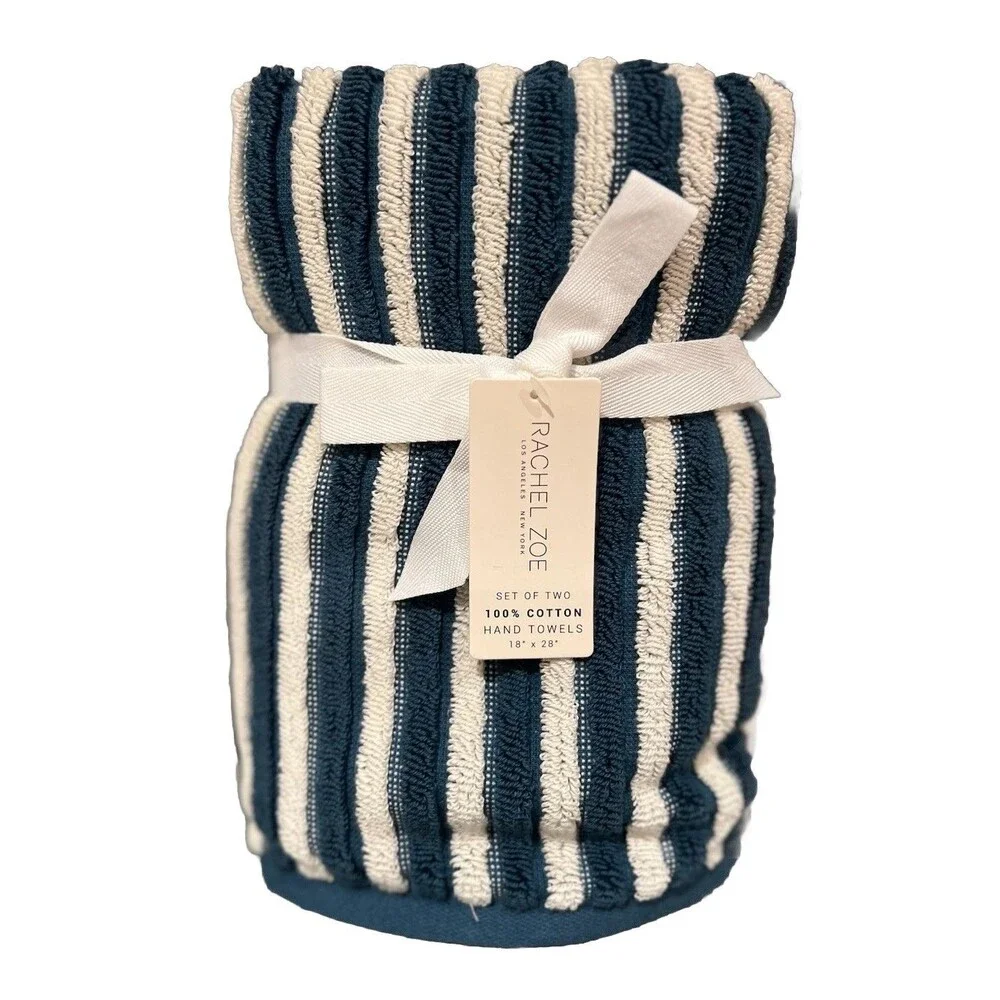 Rachel Zoe Hand Towels 2 Piece Midnight Blue Stripe & Solid Blue Cotton New